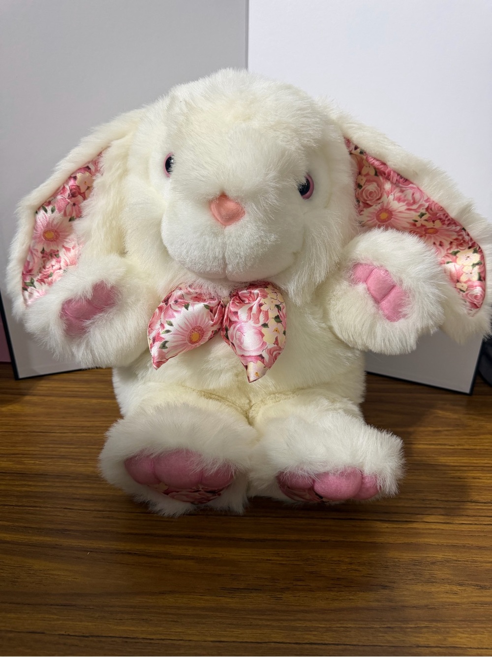 White Plush Bunny with Pink Floral Accents